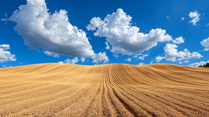 expansive potato farm with furrowed ridges, low sunlight catching the textured soil, sparse clouds casting moving shadows, slight slope adds depth to horizon