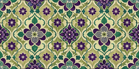 Colorful floral tile pattern featuring green, purple, and cream hues.
