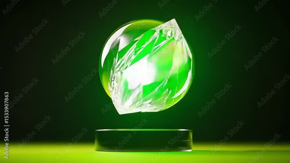 Poster a translucent green orb with intricate patterns levitating above a sleek black base in a dimly lit s