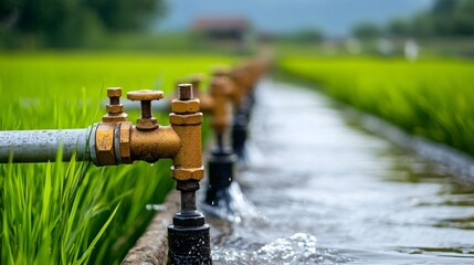 multiple irrigation pipes running in parallel through a rice field, valves manually adjusted by lever arms, calm water reflecting early sky, vegetation vibrant and fresh