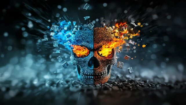 A striking skull illustration with fiery and icy elements, set against a dark, dynamic background