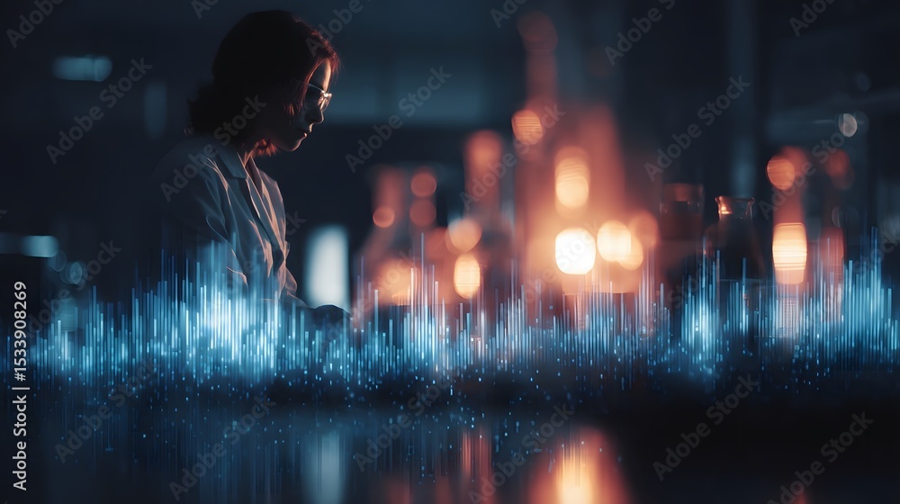 Poster scientist examining a glowing gene expression chart in a laboratory