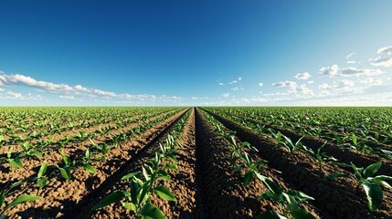a chickpea field at midday with bushy plants showing first pods, clear blue sky with no clouds, dry soil beneath, sharp shadow lines enhance texture, horizon framed by sparse shrubbery, highly