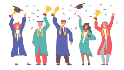 Group of graduates celebrating with trophies and confetti after their graduation ceremony event is done