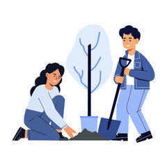 A flat style illustration showing friends planting tree