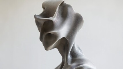 Abstract sculpted head, draped form, grey tones.  Intricate, flowing lines
