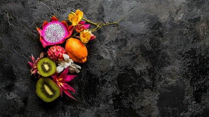 Exotic Fruits Still Life, Vibrant Composition of Dragon Fruit, Kiwi, and More