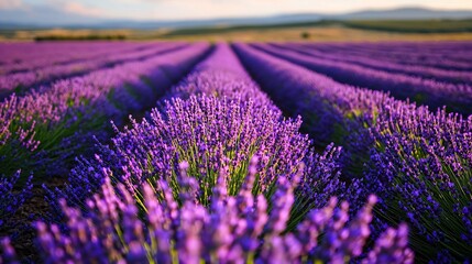 Obraz premium a picturesque lavender field viewed at golden hour, warm light enhancing the purple hue of flowers, strong row repetition leading toward hilly horizon, contrast with green stems, no people or
