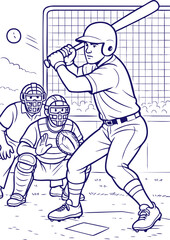 Baseball batter ready to swing in line art illustration