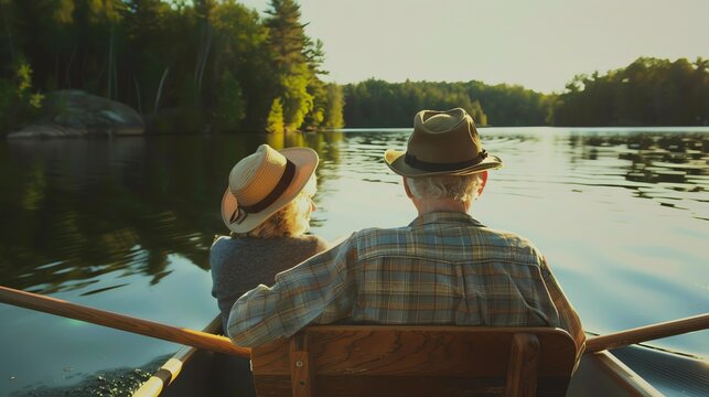 An elderly couple is sitting in a boat on a lake. They are wearing hats and looking out at the view.