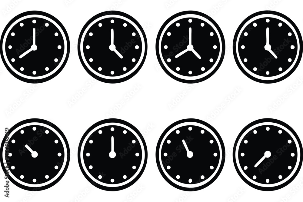 Poster black and white clocks showing different times on a white background in a grid
