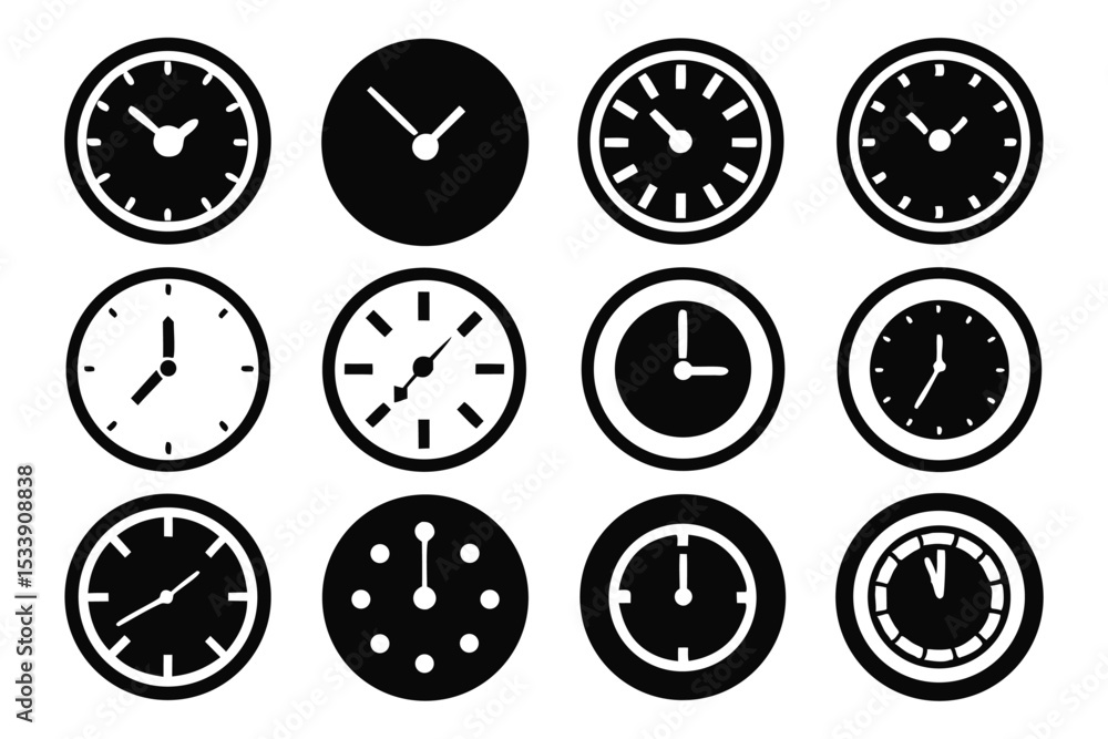 Poster collection of monochrome clock icons representing various times and temporal concepts