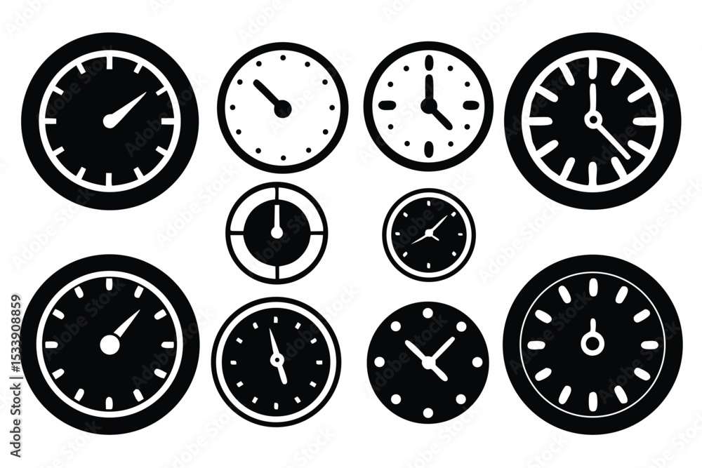 Aufkleber collection of monochrome clock icons representing various times and timelines for design