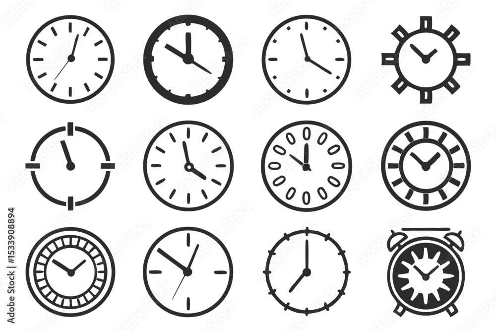 Poster collection of simple illustrated clock icons representing various time concepts and designs