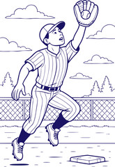 Baseball player jumping to catch ball in outline drawing style