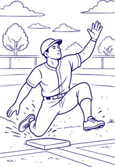 Baseball player sliding to base in outline drawing style