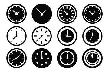Collection of monochrome clock icons representing various times and temporal concepts