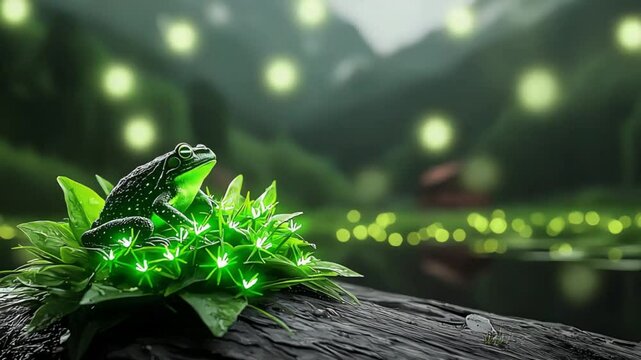 A vibrant green frog perched on lush leaves by a serene lake, illuminated by glowing fireflies at dusk