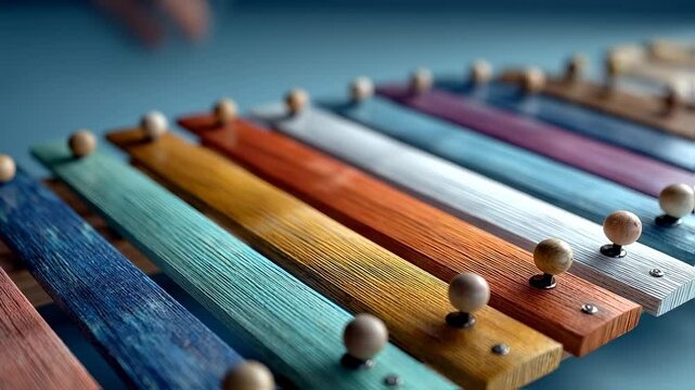 Close up detailed view of a colorful xylophone with a mallet in a studio shot