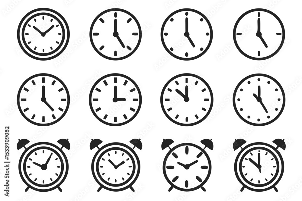Aufkleber set of outline clock and alarm clock illustrations showing different times and concepts in black and