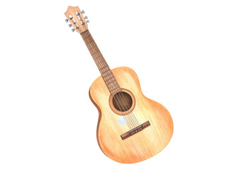 Obraz premium Watercolor illustration of a classic acoustic guitar with a light wooden finish. Ideal for music themed designs, educational materials, or artistic projects.