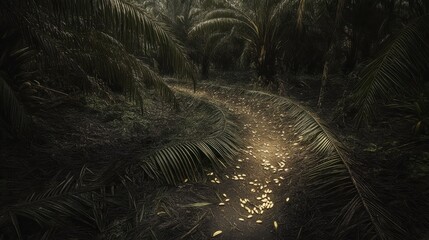 Serene Pathway Through Lush Jungle with Leaves and Shadows