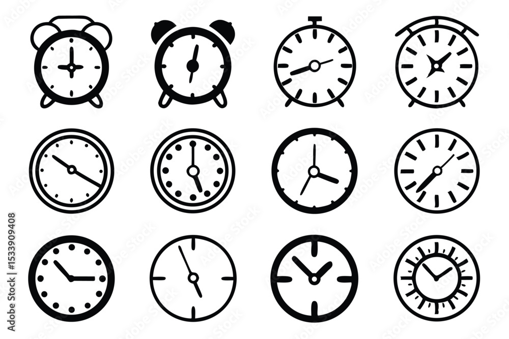 Poster twelve black and white clock icons representing different time concepts and designs