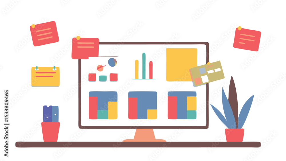 Poster illustration of a computer screen displaying data charts with sticky notes around it on a shelf