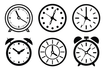 Vector illustration collection of six different black and white clock and alarm clock designs