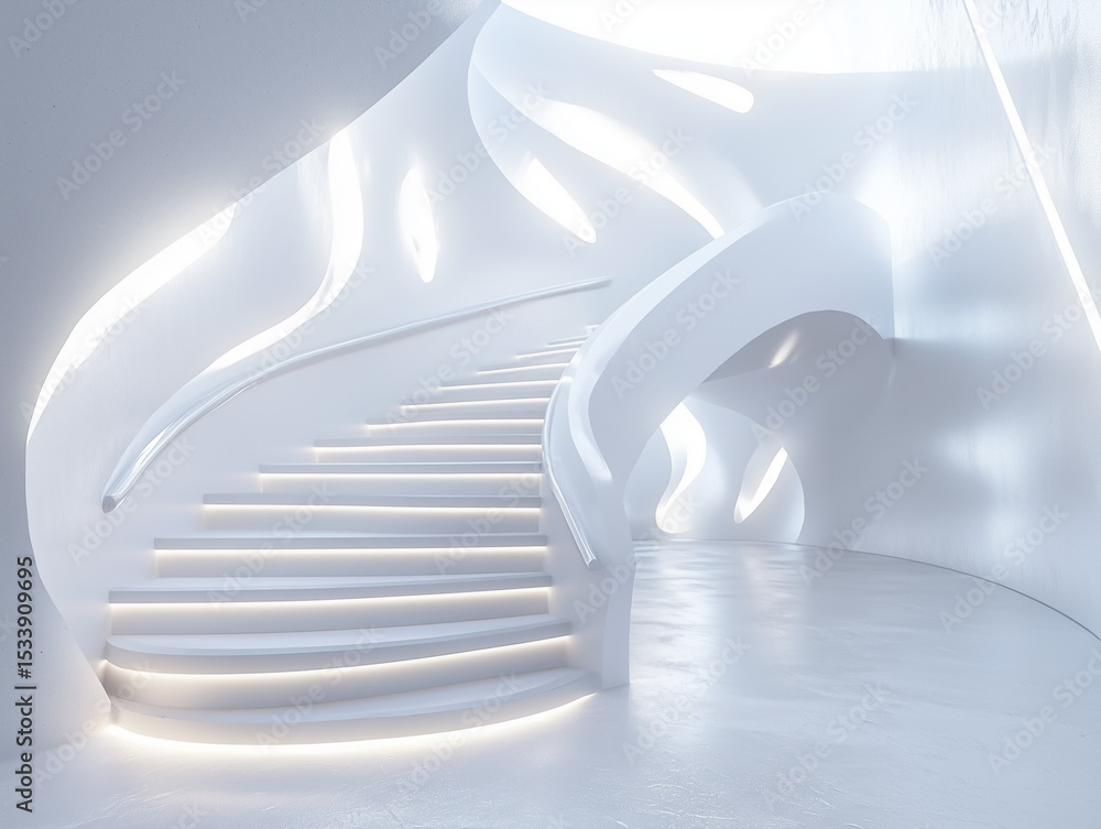 Poster white staircase design with modern architecture and elegant curved lines