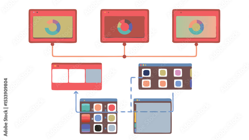Leinwandbilder Diagram showing connected windows with pie charts and color palettes in a workflow setup