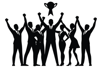 Business team celebrating success achievement silhouette with trophy isolated on white