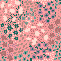 Abstract Hand Drawing Mix Ditsy Flowers Leaves and Branches Seamless Textile Vector Pattern Isolated Background