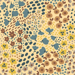 Abstract Hand Drawing Mix Ditsy Flowers Leaves and Branches Seamless Textile Vector Pattern Isolated Background