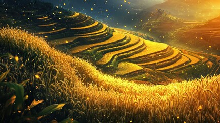 Ocarina Sound Waves Materializing as Golden Wheat Stalks in Terraced Field Harmony