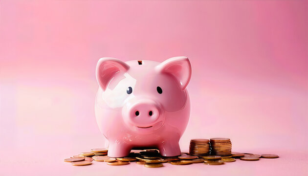 Pink piggy bank and gold coins on pink background . Space for text 