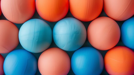 Colorful balls of blue and peach are arranged in a pleasing pattern. The balls are all the same size and are evenly spaced.