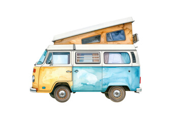 A charming watercolor illustration of a classic two tone camper van featuring a pop top roof, perfect for travel and adventure themes.
