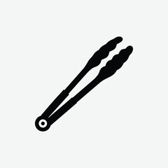 Download a clean black silhouette vector of kitchen tongs in a slightly open position. Minimal design with smooth outlines on a plain white background for sharp, clear visibility.