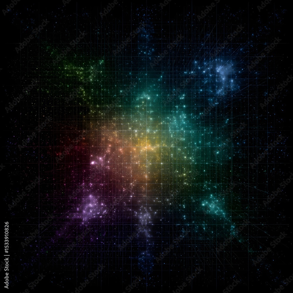Poster symbolic matrix of luminous graphs orbiting a central glowing chart