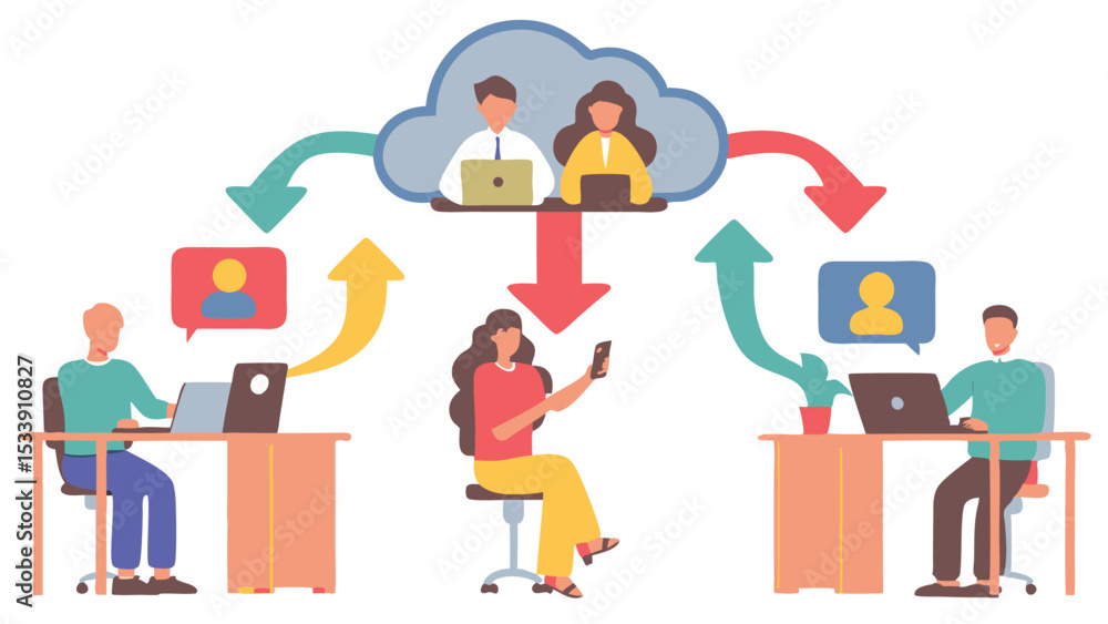 Poster people working remotely connected to a cloud with arrows indicating data transfer flow and communica