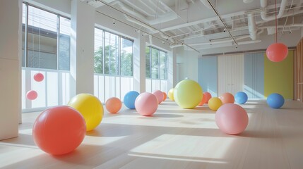 Big colorful balls in a bright room. The balls are red, yellow, blue, green, pink, and orange. They are all different sizes.