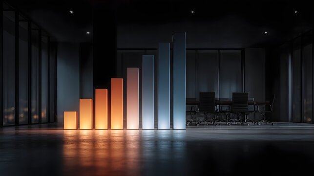 Glowing column chart in a modern boardroom