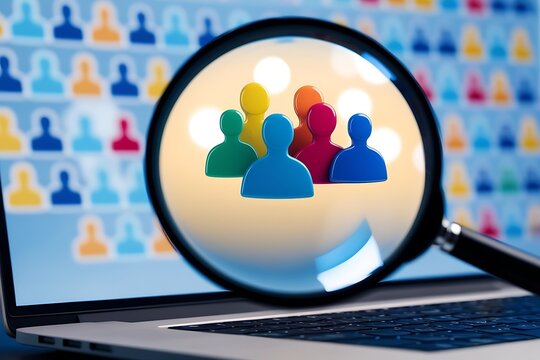 Laptop screen magnifying colorful 3d people icons