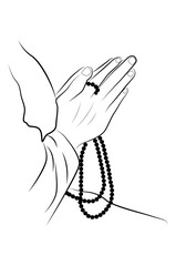 Monk worshipping with beads holding hands line drawing isolated on white background - vector illustration