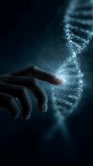 A hand touching a glowing nucleotide map beside a DNA ring