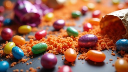 Colorful Easter candy, festive mood, scattered on a dark background, vibrant decorations
