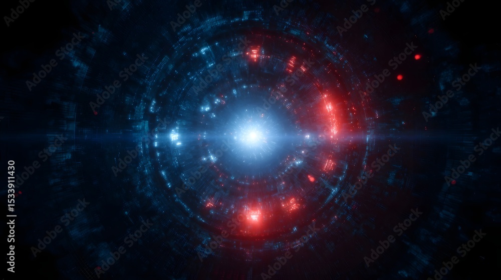 Poster futuristic digital reactor core with flashing red and blue ui zones
