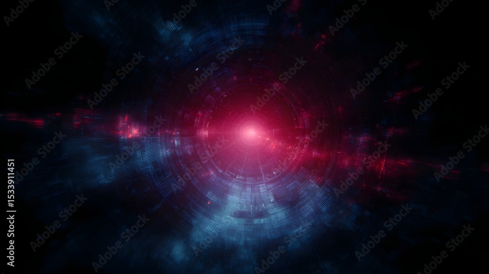 Poster a digital reactor core view with flashing zones in red and blue ui