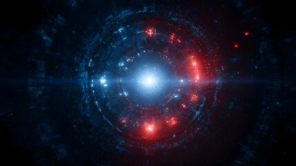 Futuristic digital reactor core with flashing red and blue UI zones